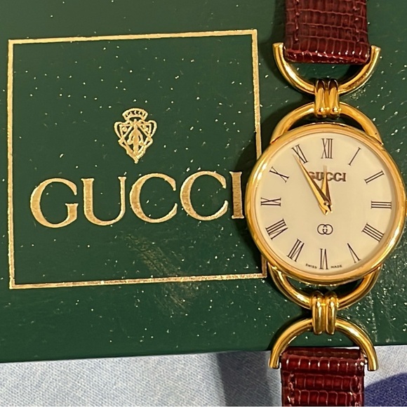 Gucci Women's Gold Watch with Burgundy Lizard Leather Strap - Picture 1 of 15